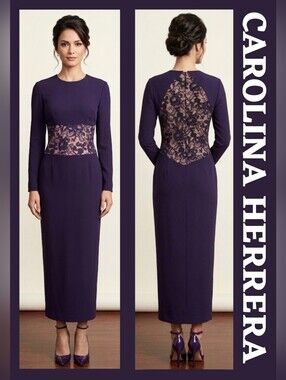 Carolina Herrera VTG 80s Long Sleeve Nude Lace-Inset Sheath Maxi Dress Purple 12